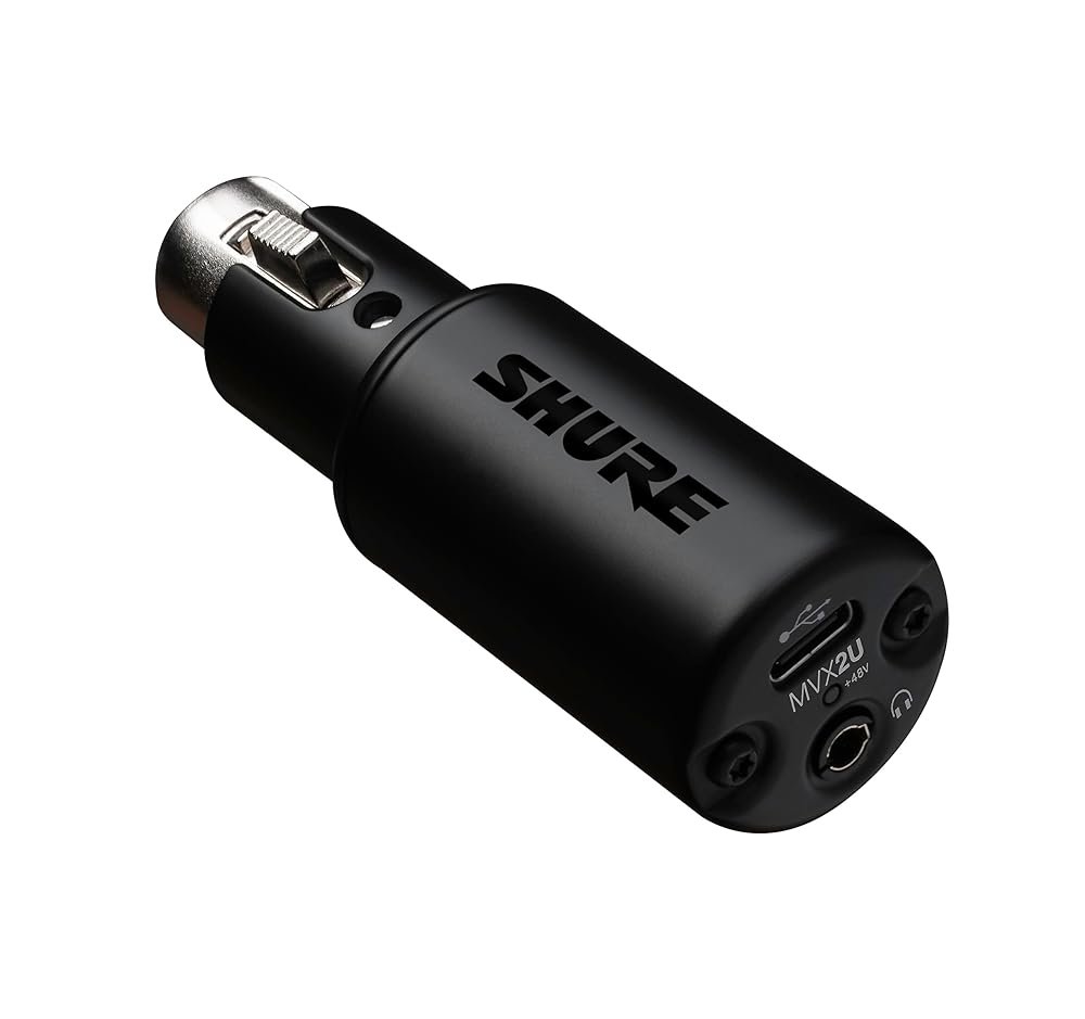 Shure MVX2U XLR-to-USB Digital Interface with Headphone Jack, Integrated Pre-amp with 60dB Gain Control, Zero-Latency Monitoring, 48V Phantom Power, ShurePlus Desktop App, 1m...